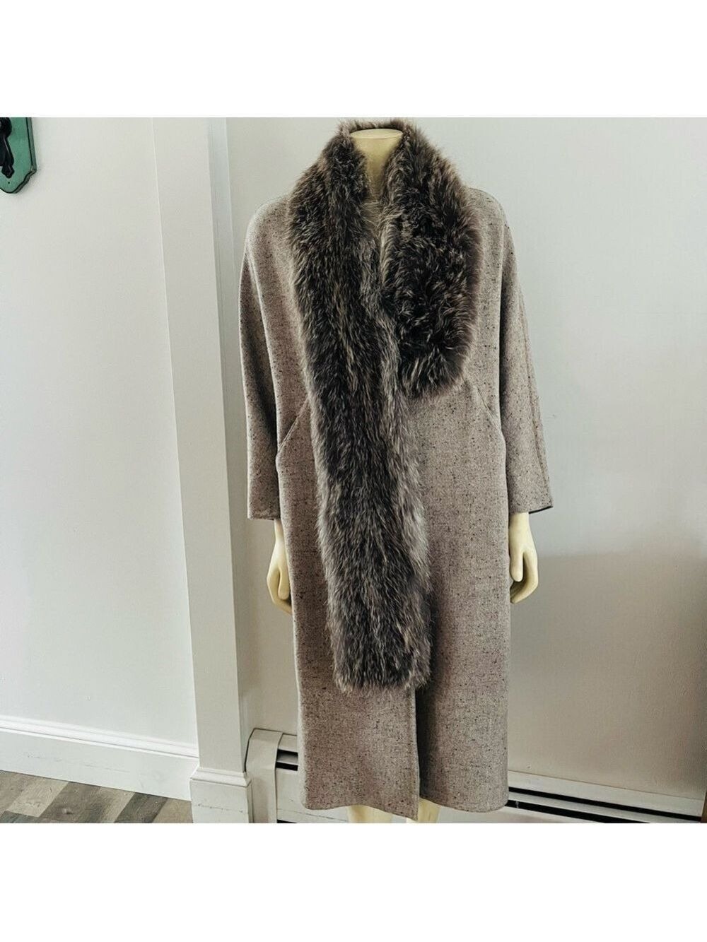 Itala Testino Women’s Alpaca Wool Coat Fox Fur Collar Long Tweed Jacket S/M